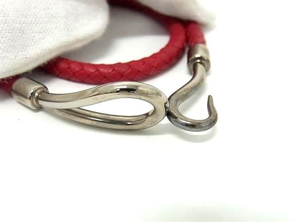 美品 HERMES エルメス チョーカー ジャンボ チョーカー - レッド系 シルバー金具 レザー ユニセックス 2重 ブレスレット 編み込み