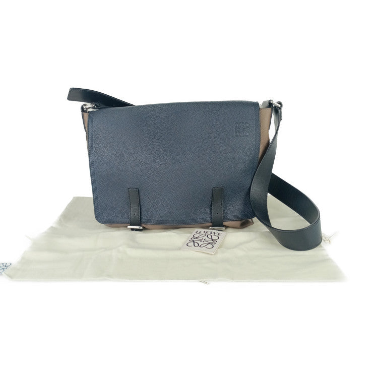 美品 LOEWE ロエベ メッセンジャーバッグ ミリタリー メッセンジャー - ネイビー ブラウン ブラック レザー ユニセックス シルバー金具