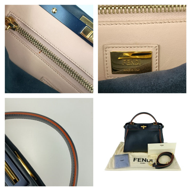 美品 FENDI フェンディ ハンドバッグ ピーカブーレギュラー セレリア 8BN290 ネイビー オレンジ レザー レディース ゴールド金具 2WAY