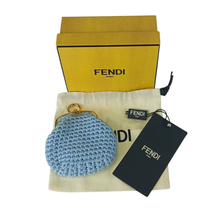 FENDI フェンディ コインケース コットンコインケース 8M0454 ブルー コットン レディース がま口 ゴールド金具 美品