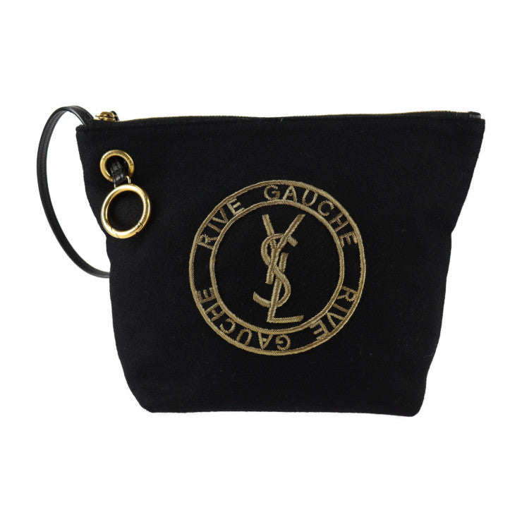 超美品 SAINT LAURENT PARIS サンローランパリ エンブロイダリー ポーチ リヴゴーシュ セカンドバッグ 710435 ウール90%×カーフスキンレザー5%×ブラス 5% ブラック ゴールド YSL ロゴ クラッチバッグ リストレット