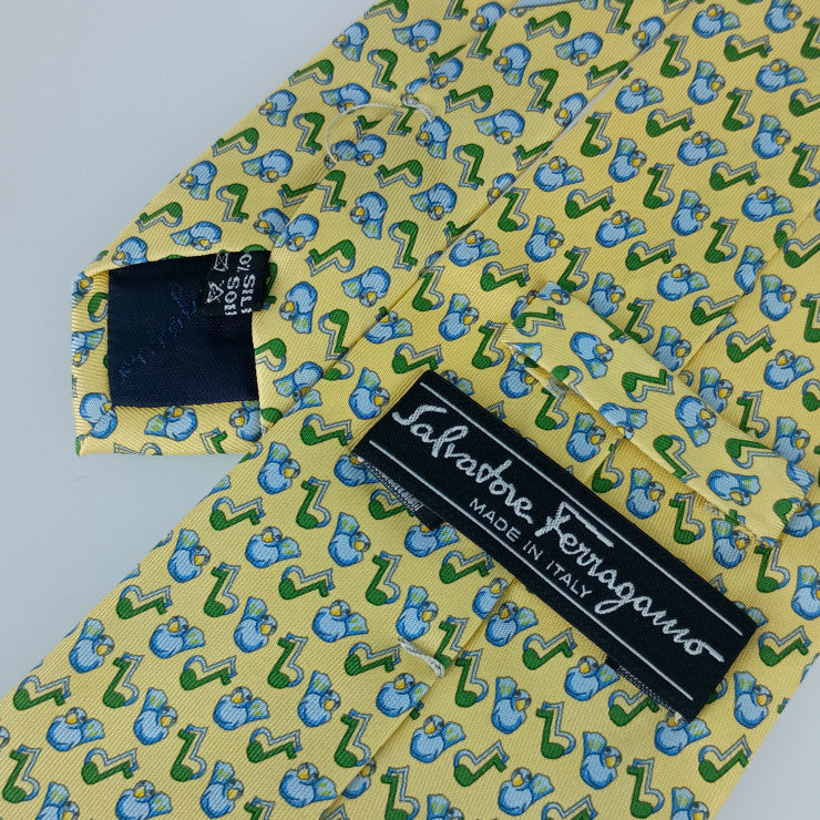 美品 Salvatore Ferragamo サルヴァトーレ フェラガモ ネクタイ ネクタイ - イエロー系 マルチカラー シルク100% メンズ 鳥柄 総柄