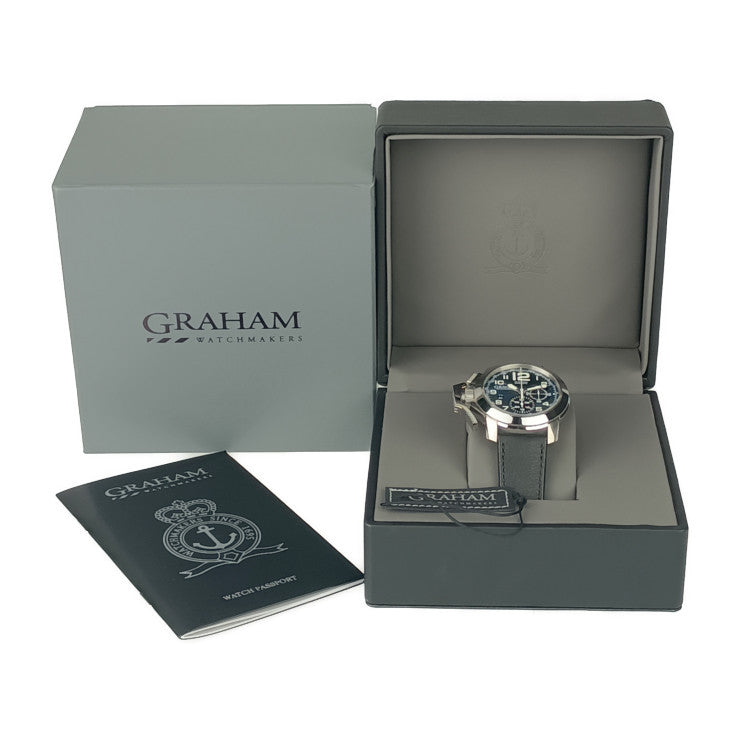新古未使用展示品 GRAHAM グラハム 腕時計 クロノファイター オーバーサイズ 2CCAS.U01A シルバー ブルー系 ホワイト ブラック ステンレス レザー メンズ 自動巻き 裏スケ デイト