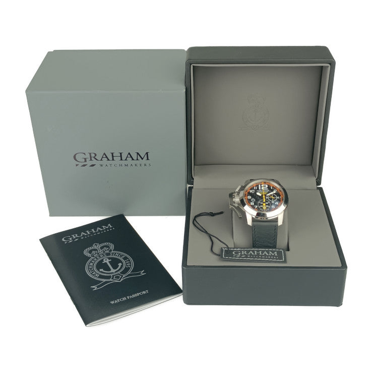 新品未使用展示品 GRAHAM グラハム 腕時計 クロノファイター オーバーサイズ 2CCAS.O01A シルバー ブラック ホワイト オレンジ系 イエロー系 ステンレス レザー メンズ 自動巻き 裏スケ デイト