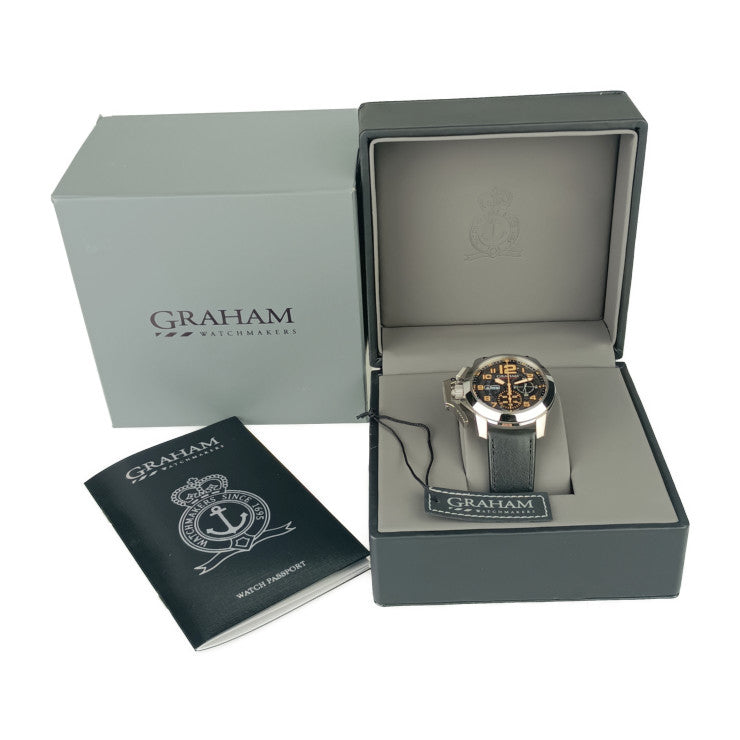 新古未使用展示品 GRAHAM グラハム 腕時計 クロノファイター オーバーサイズ 2CCAS.B32A シルバー ブラック ベージュ系 ステンレス レザー メンズ 自動巻き 裏スケ デイデイト