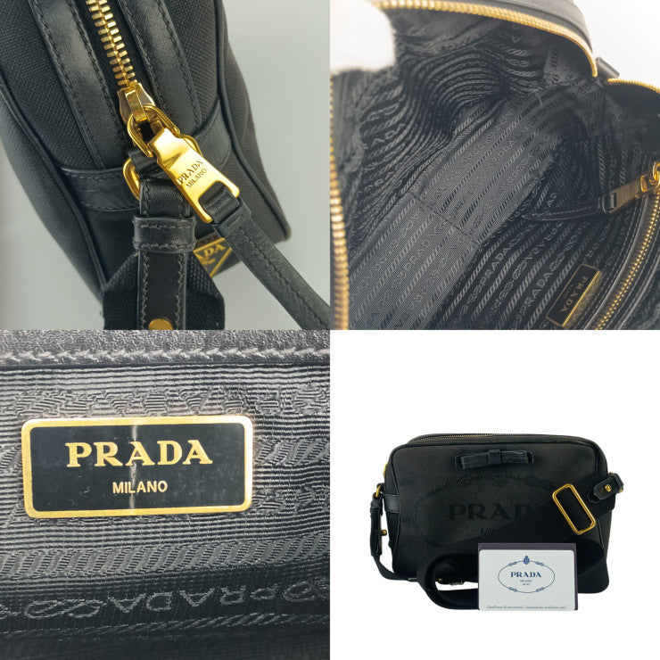 PRADA プラダ クロスボディバッグ ロゴ ジャガード ショルダーバッグ 1BH089 ブラック キャンバス レザー レディース リボン ゴールド金具