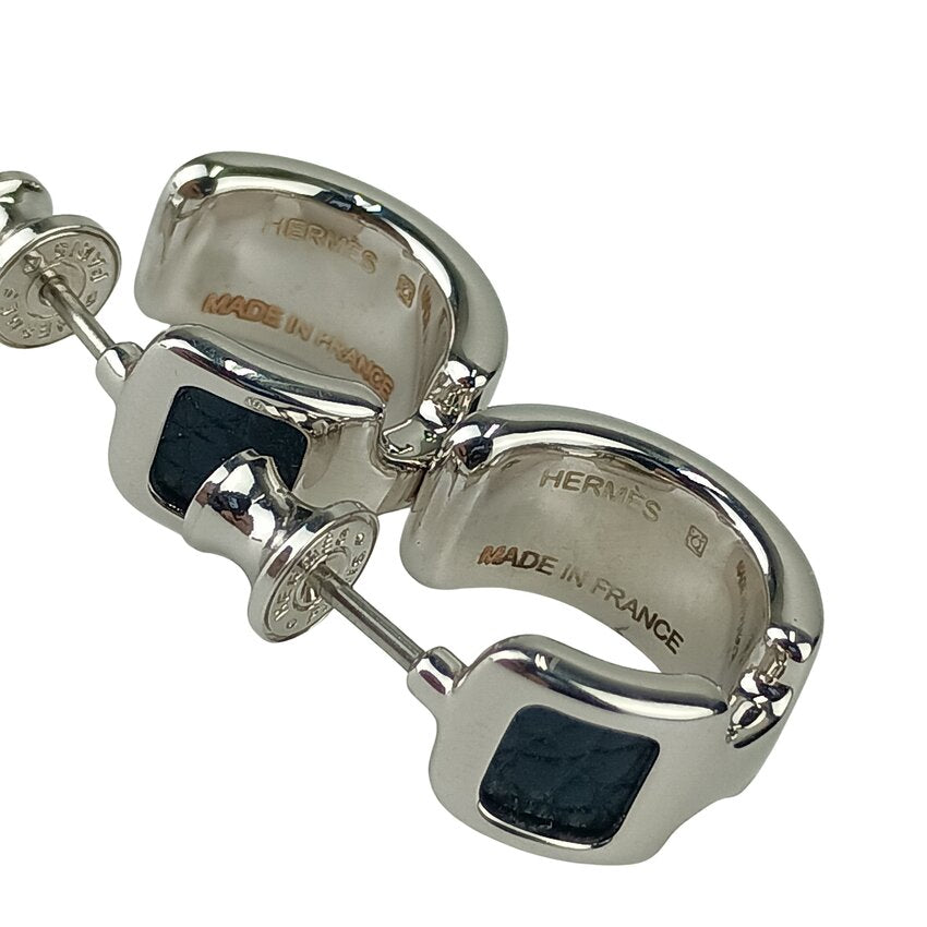 HERMES エルメス ピアス オランプ PM - シルバー ブラック メタル レザー レディース 美品
