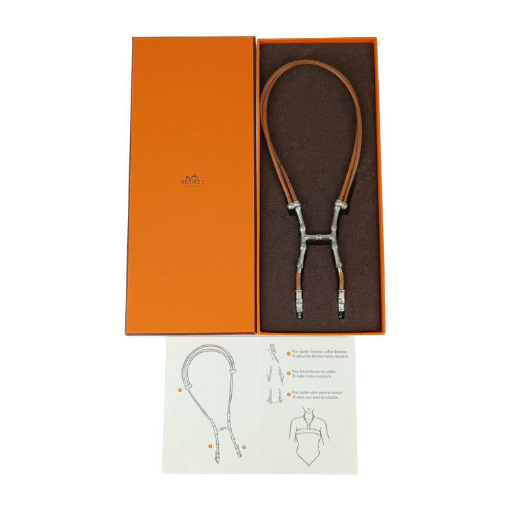 HERMES エルメス チョーカー Bamboo Halter Necklace バンブー ホルター ネックレス - ブラウン シルバー レザー メタル レディース