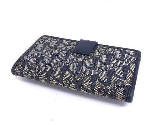 ChristianDior クリスチャンディオール 財布 トロッター - ネイビー系 キャンバス×レザー レディース ロゴ Wホック 二つ折り 長財布 シルバー金具