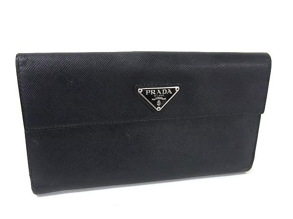 PRADA プラダ 財布 トライアングルロゴ 1M1133 ブラック サフィアーノレザー ユニセックス Wホック 二つ折り長財布 三角ロゴマーク シルバー金具 美品
