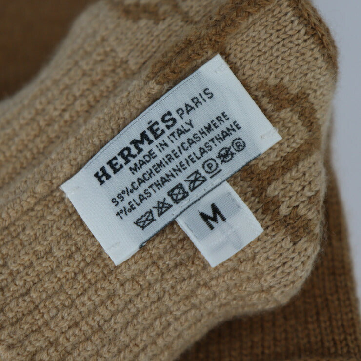 新品未使用展示品 HERMES エルメス 手袋《ヘヴン》 手袋 H232006G 表記サイズ M カシミヤ99% エラスタン1% シャテーニュ ビスキュイ シェーヌ・ダンクル モチーフ グローブ