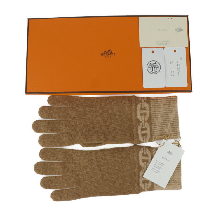 新品未使用展示品 HERMES エルメス 手袋《ヘヴン》 手袋 H232006G 表記サイズ M カシミヤ99% エラスタン1% シャテーニュ ビスキュイ シェーヌ・ダンクル モチーフ グローブ