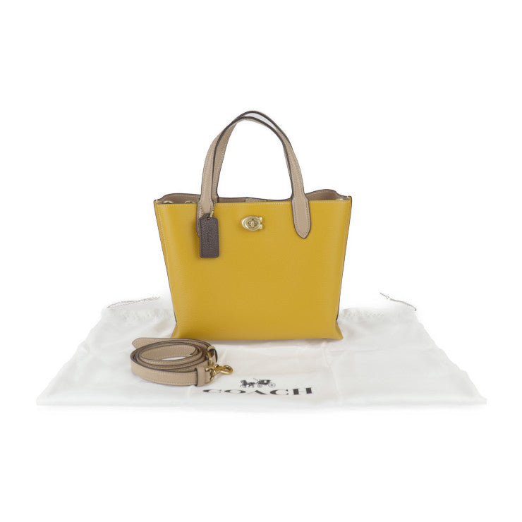 超美品 COACH コーチ ウィロウ トート 24 カラーブロック ハンドバッグ C8561 ポリッシュド ペブル レザー イエロー系 ベージュ系 ゴールド金具 2WAY ショルダーバッグ ターンロック