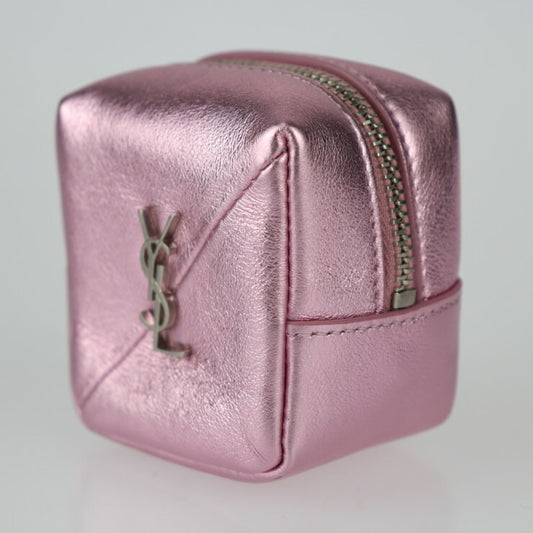 超美品 SAINT LAURENT PARIS サンローランパリ ジェイミーキューブ ポーチ キーホルダー 669964 レザー メタリックピンク シルバー金具 ミニポーチ バッグチャーム スクエア コインケース 小物入れ