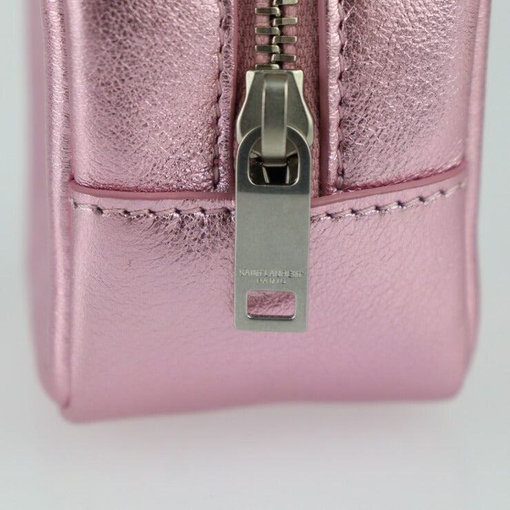 超美品 SAINT LAURENT PARIS サンローランパリ ジェイミーキューブ ポーチ キーホルダー 669964 レザー メタリックピンク シルバー金具 ミニポーチ バッグチャーム スクエア コインケース 小物入れ