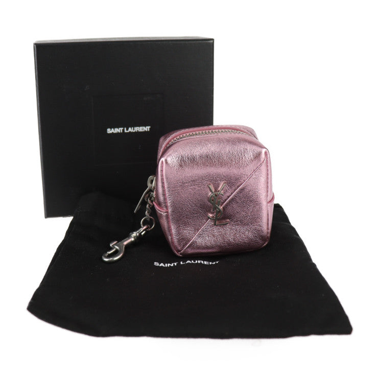 超美品 SAINT LAURENT PARIS サンローランパリ ジェイミーキューブ ポーチ キーホルダー 669964 レザー メタリックピンク シルバー金具 ミニポーチ バッグチャーム スクエア コインケース 小物入れ