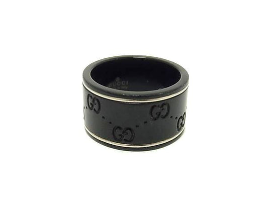 GUCCI グッチ 指輪 アイコンリング ワイド ブラック系 シンセティックコランダム K18WG ユニセックス
