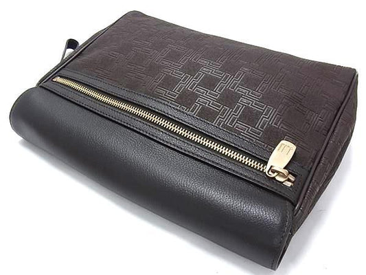 美品 dunhill ダンヒル クラッチバッグ D-EIGHT ディーエイト - ダークブラウン PVC レザー メンズ セカンドバッグ ゴールド金具