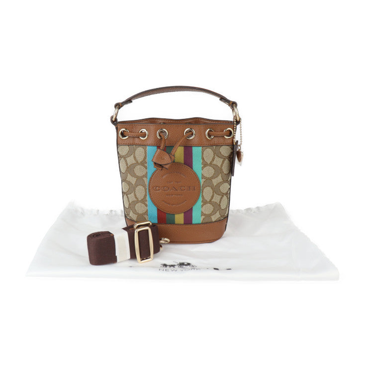 新古未使用展示品 COACH コーチ デンプシー ドローストリング バケット 15 ハンドバッグ C5639 シグネチャー ジャガード × レザー ブラウン系 ゴールド金具 2WAY ショルダーバッグ ミニバッグ 巾着型
