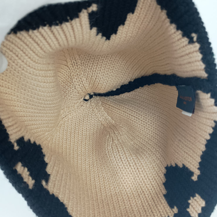 美品 LOUIS VUITTON ルイ ヴィトン キャップ ボネ・モーニングラム ビーニー M70840 ブラック ベージュ系 ウール 100% ユニセックス ニット帽 ビーニー