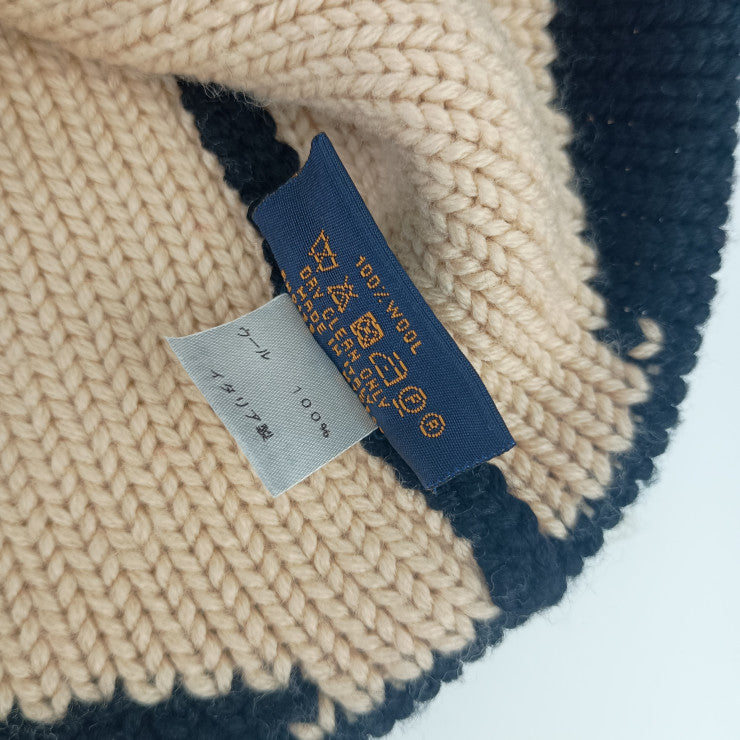 美品 LOUIS VUITTON ルイ ヴィトン キャップ ボネ・モーニングラム ビーニー M70840 ブラック ベージュ系 ウール 100% ユニセックス ニット帽 ビーニー