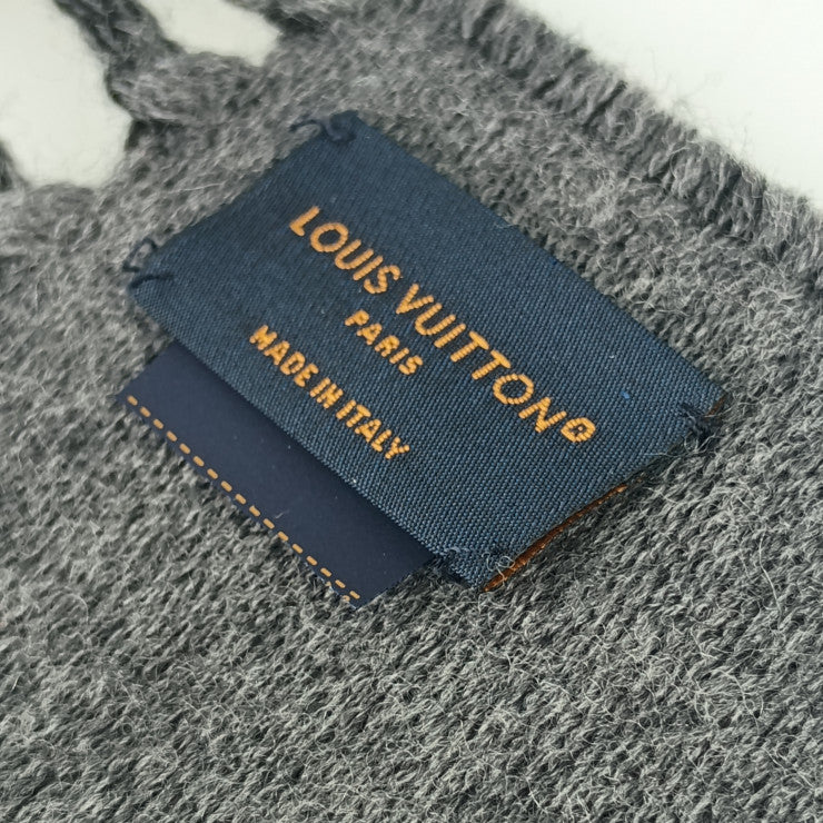 超美品 LOUIS VUITTON ルイ ヴィトン マフラー マフラー・オール アバウト モノグラム M79225 ブラック グレー ウール 100% メンズ フリンジ