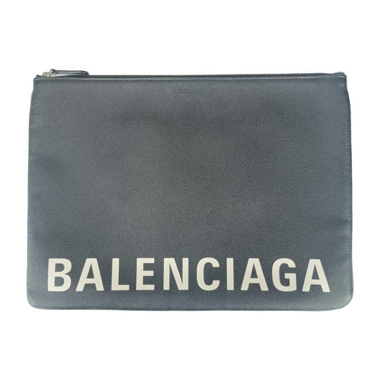 BALENCIAGA バレンシアガ クラッチバッグ VILLE POUCH 579550 ブラック ホワイト シルバー金具 レザー メンズ
