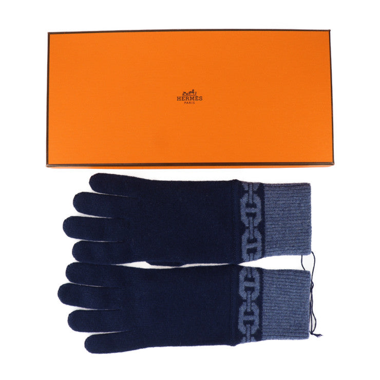 新古未使用展示品 HERMES エルメス 手袋《ヘヴン》 手袋 H232006G 表記サイズ M カシミヤ99% エラスタン1% マリン ブルー・ジーン シェーヌ・ダンクル モチーフ グローブ