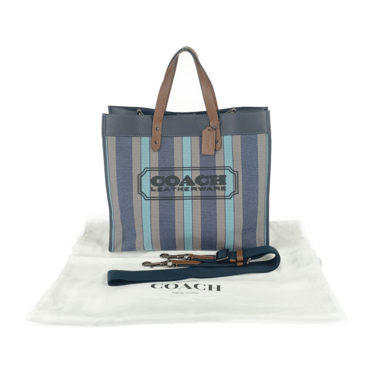 美品 COACH コーチ トートバッグ フィールド トート 40 C3798 ブルー系 キャンバス レザー ユニセックス 2WAY ショルダーバッグ ストライプ