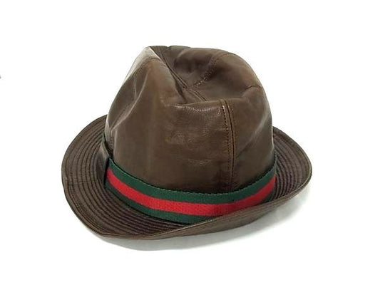 GUCCI グッチ 帽子 シェリーライン ハット - ブラウン レザー メンズ