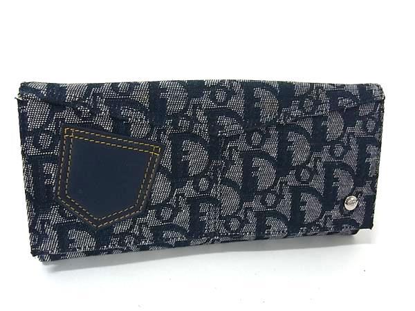 ChristianDior クリスチャンディオール 財布 トロッター ブルー キャンバス レディース ニつ折り長財布 シルバー金具 美品