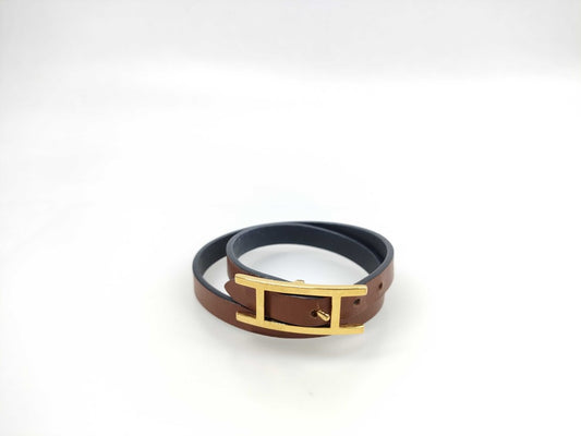 HERMES エルメス ブレスレット ビーアピ ブラウン レザー レディース ドゥブルトゥール ゴールド金具