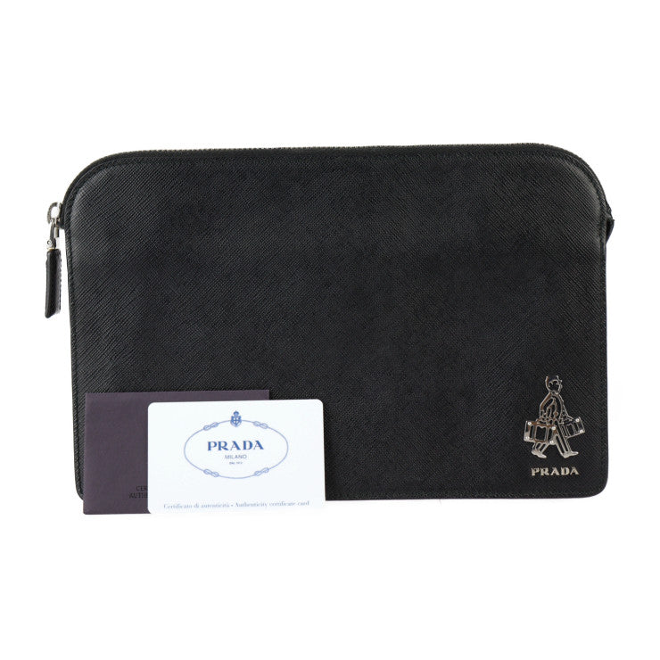 美品 PRADA プラダ トラベル ポーチ セカンドバッグ 2VF056 サフィアーノレザー ブラック シルバー金具 クラッチバッグ