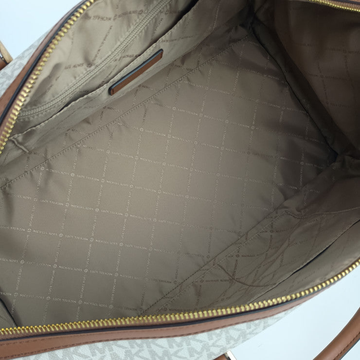 超美品 MICHAEL KORS マイケルコース 2WAYバッグ ボストンバッグ 35T9GTFT3B バニラ ホワイト系 ブラウン系 PVC レザー レディース ゴールド金具 ショルダーバッグ 旅行鞄
