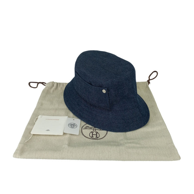 HERMES エルメス 帽子 ハット ≪ヘレン≫ シルキー H232029N インディゴ コットン100% ユニセックス バケットハット シルバー金具 超美品