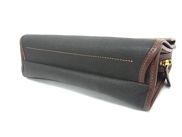 dunhill ダンヒル セカンドバッグ 二つ折り クラッチバッグ ダークグレー系 ブラウン系 PVC レザー メンズ ヘリンボーン柄 ゴールド金具 美品