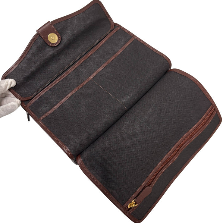 dunhill ダンヒル セカンドバッグ 二つ折り クラッチバッグ ダークグレー系 ブラウン系 PVC レザー メンズ ヘリンボーン柄 ゴールド金具 美品