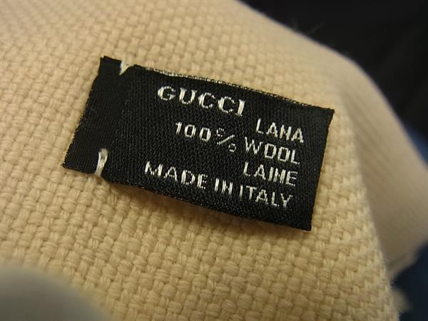 GUCCI グッチ マフラー ベージュ ブラック ウール100% レディース ロゴ フリンジ 美品