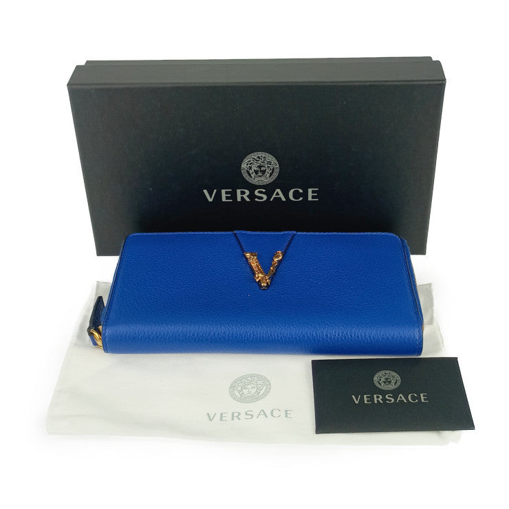 新品未使用展示品 VERSACE ヴェルサーチェ 財布 ヴィルトゥス ラウンドファスナー 長財布 1006263 ブルー ゴールド金具 レザー レディース ヴェルサーチ レターV