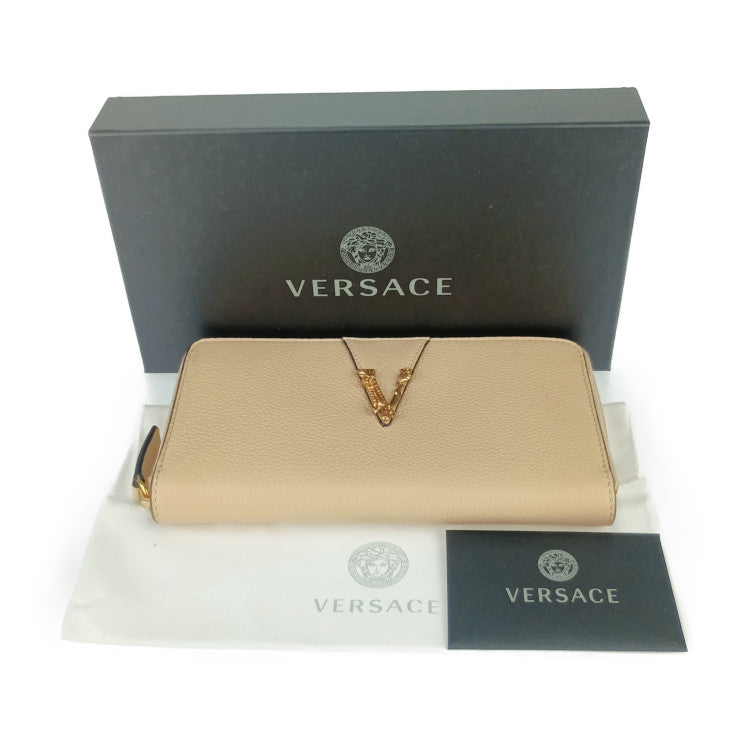新品未使用展示品 VERSACE ヴェルサーチェ 財布 ヴィルトゥス ラウンドファスナー 長財布 1006263 ベージュ系 ゴールド金具 レザー レディース ヴェルサーチ レターV