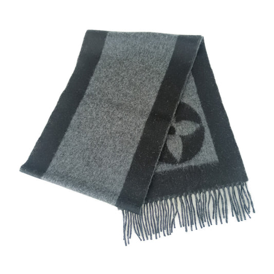 美品 LOUIS VUITTON ルイ ヴィトン マフラー エシャルプ・カーディフ M72202 ブラック グレー ウール75% アンゴラ25% メンズ ロゴ フリンジ