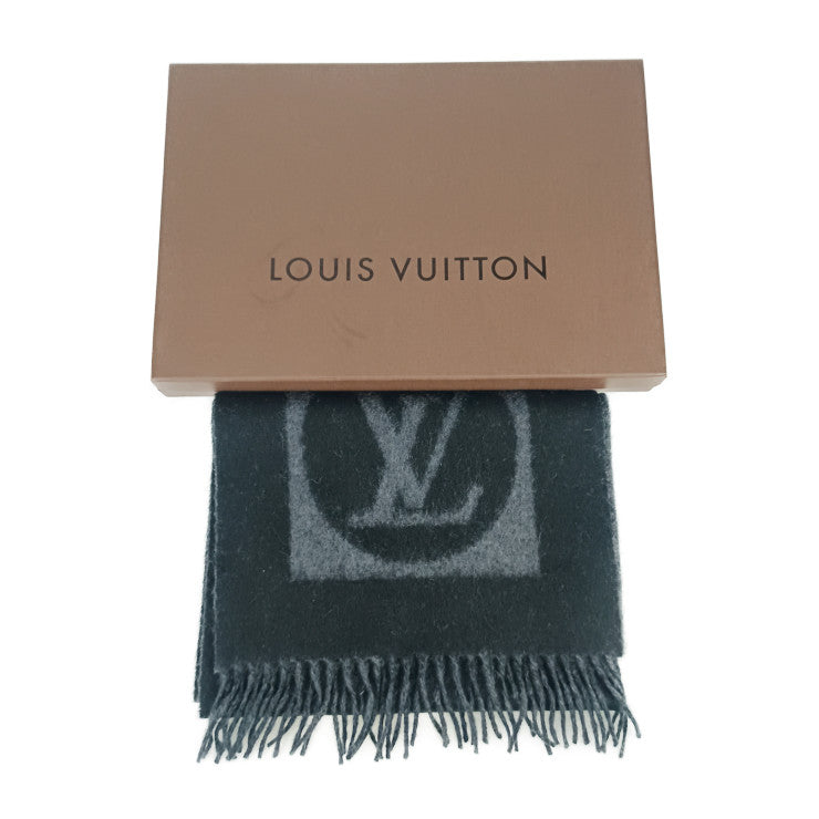 美品 LOUIS VUITTON ルイ ヴィトン マフラー エシャルプ・カーディフ M72202 ブラック グレー ウール75% アンゴラ25% メンズ ロゴ フリンジ