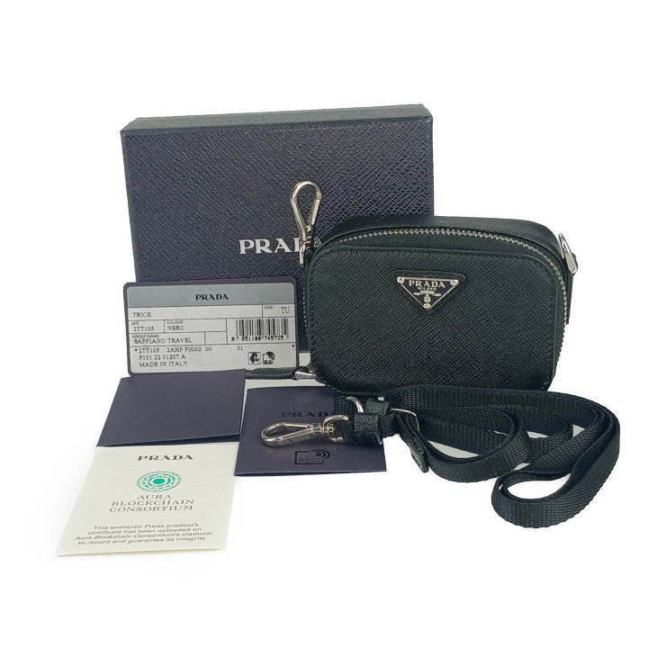超美品 PRADA プラダ ショルダーポーチ サフィアーノ トラベル ミニポーチ 2TT105 ブラック シルバー金具 レザー ユニセックス ミニバッグ