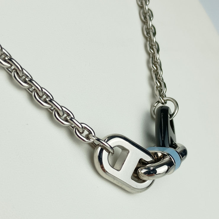 新品未使用展示品 HERMES エルメス ネックレス マイヨン チェーン ネックレス 100042FP05 シルバー ブルー系 ダークブラウン系 メタル ラッカー バッファローホーン ユニセックス