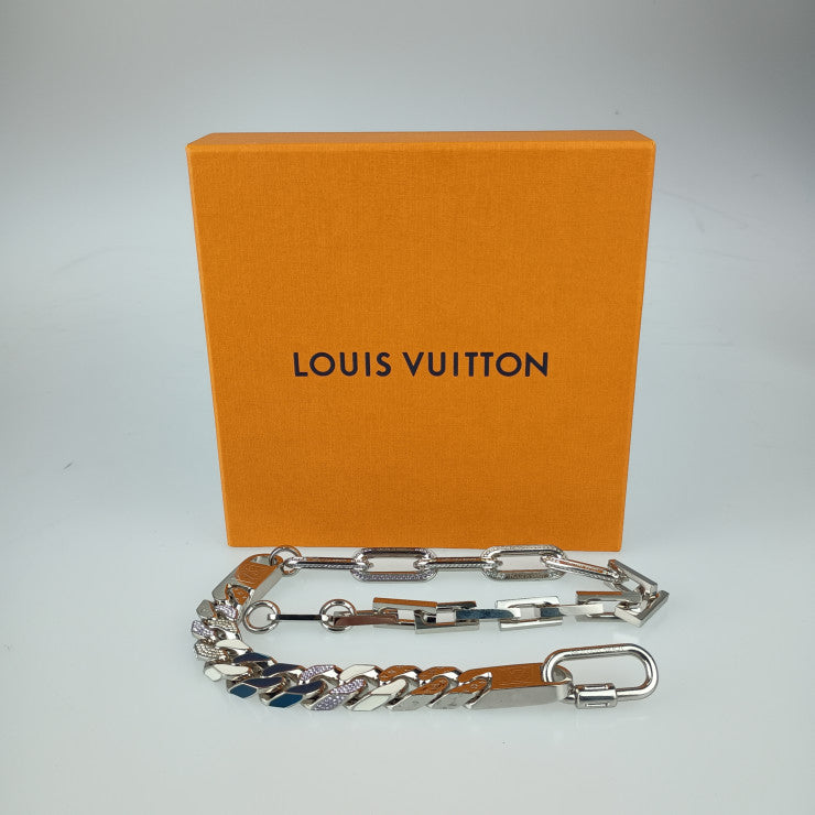 美品 LOUIS VUITTON ルイ ヴィトン ネックレス LV コリエ ミックス チェーンリンクス MP2461 シルバー マルチカラー メタル ラインストーン メンズ チェーン