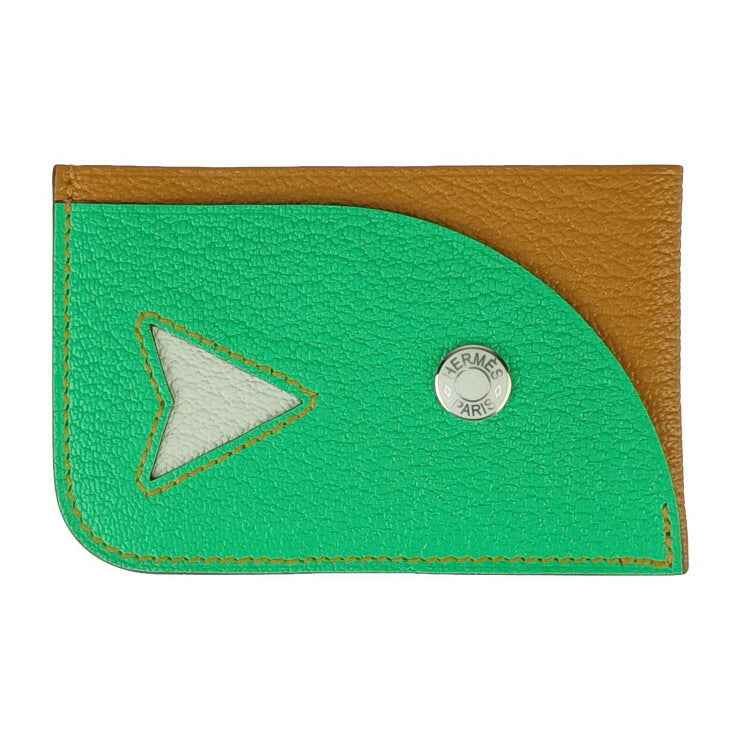超美品 HERMES エルメス カードケース POISSON ポワソン H084483CKAC CARAMEL+VERT COMICS+VERT FIZZ グリーン系 ブラウン系 シェーブル ユニセックス 名刺入れ パスケース B刻印