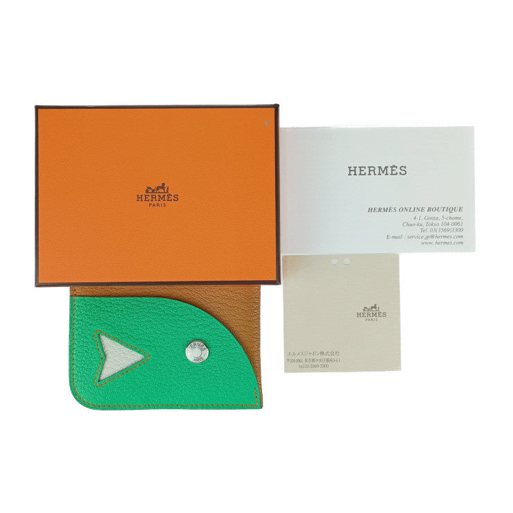 超美品 HERMES エルメス カードケース POISSON ポワソン H084483CKAC CARAMEL+VERT COMICS+VERT FIZZ グリーン系 ブラウン系 シェーブル ユニセックス 名刺入れ パスケース B刻印