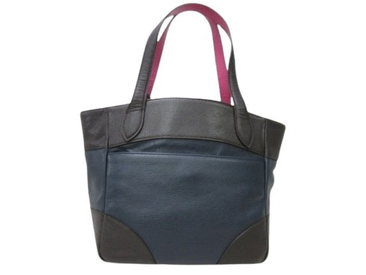 A.D.M.J エーディーエムジェイ アクセソワ ハンドバッグ - - ネイビー×ブラウン レザー レディース ターンロック ゴールド金具 美品