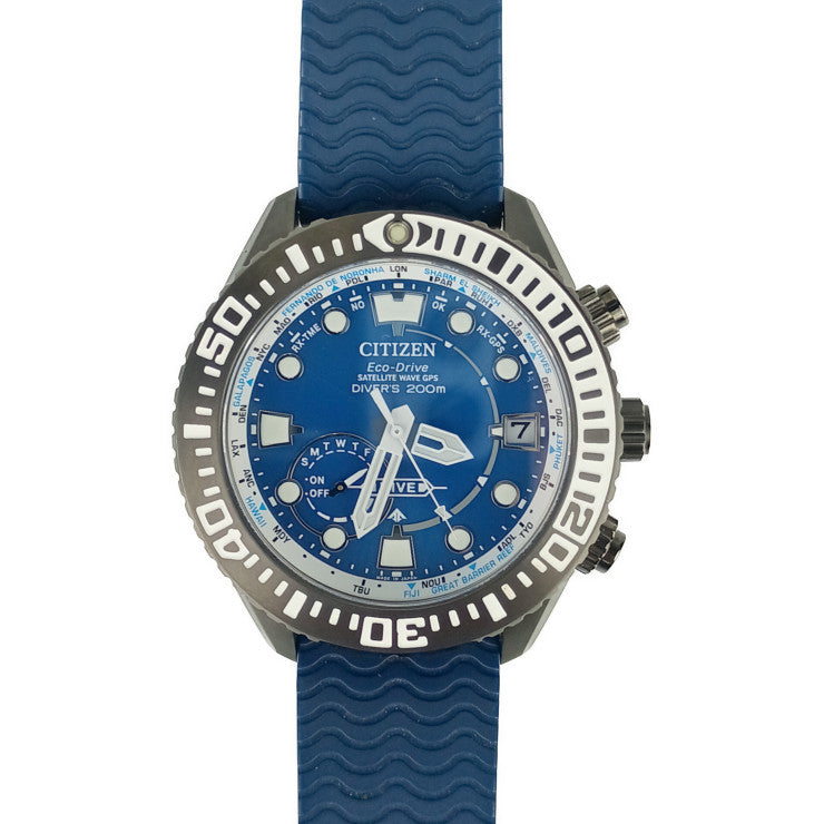 美品 CITIZEN シチズン 腕時計 プロマスター MARINE ダイバー200m CC5006-06L / F158-T026184 ブラック ブルー文字盤 ネイビー スーパーチタニウム ラバー メンズ エコ・ドライブ GPS衛星電波時計
