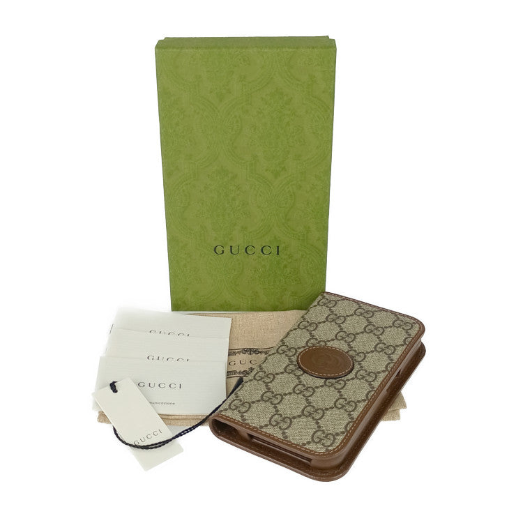 新品未使用展示品 GUCCI グッチ スマホカバー インターロッキングG iPhone 15Pro フォリオ 760185 ベージュ&エボニー GGスプリームキャンバス レザー ユニセックス 手帳型